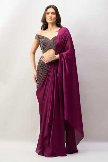 Buy_Amit Aggarwal_Purple Off-shoulder Pre-draped Saree With Off Blouse _Online_at_Aza_Fashions