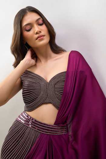 Shop_Amit Aggarwal_Purple Off-shoulder Pre-draped Saree With Off Blouse _Online_at_Aza_Fashions