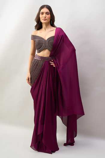 Amit Aggarwal Pre-Draped Saree With Off Shoulder Blouse