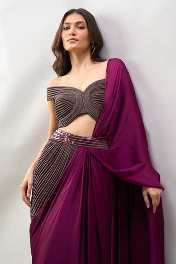 Amit Aggarwal_Purple Off-shoulder Pre-draped Saree With Off Blouse _at_Aza_Fashions