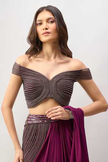 Shop_Amit Aggarwal_Purple Off-shoulder Pre-draped Saree With Off Blouse 