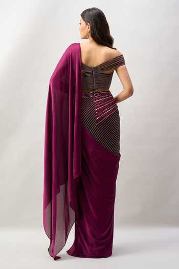 Amit Aggarwal Pre-Draped Saree With Off Shoulder Blouse