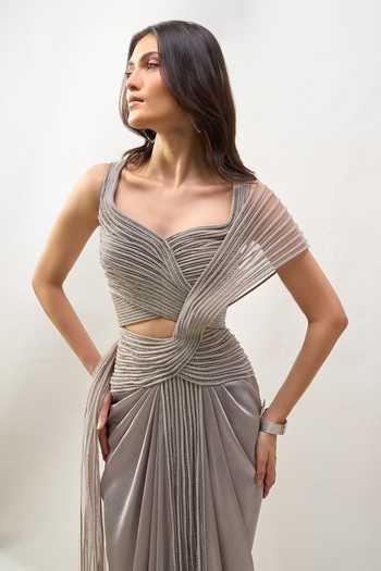 Buy Amit Aggarwal Grey Sweetheart Neck Pre-draped Saree With Cutdana Embroidered Blouse Online at Aza Fashions Buy_Amit Aggarwal_Grey Sweetheart Neck Pre-draped Saree With Cutdana Embroidered Blouse _Online_at_Aza_Fashions