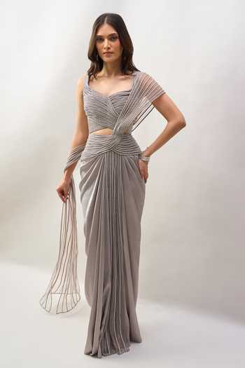 Shop Amit Aggarwal Grey Sweetheart Neck Pre-draped Saree With Cutdana Embroidered Blouse Online at Aza Fashions Shop_Amit Aggarwal_Grey Sweetheart Neck Pre-draped Saree With Cutdana Embroidered Blouse _Online_at_Aza_Fashions