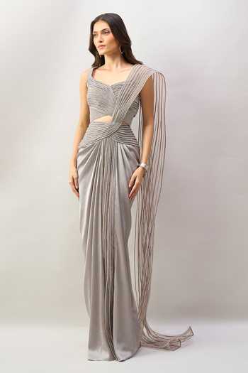 Buy Amit Aggarwal Grey Sweetheart Neck Pre-draped Saree With Cutdana Embroidered Blouse Buy_Amit Aggarwal_Grey Sweetheart Neck Pre-draped Saree With Cutdana Embroidered Blouse