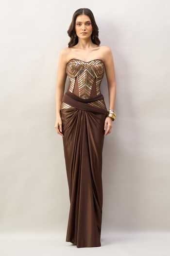Shop Amit Aggarwal Brown Sequins Sweetheart Neck Yoke Embroidered Saree Gown With Dupatta Online at Aza Fashions Shop_Amit Aggarwal_Brown Sequins Sweetheart Neck Yoke Embroidered Saree Gown With Dupatta _Online_at_Aza_Fashions