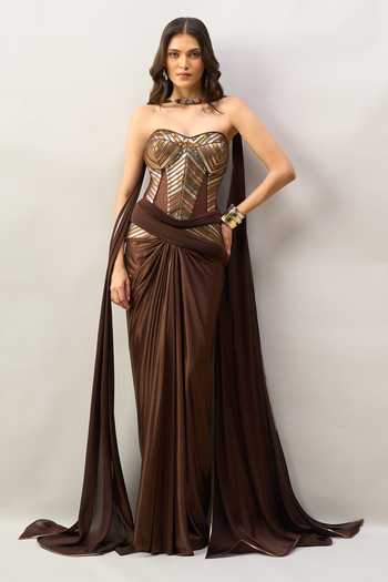 Amit Aggarwal Yoke Embroidered Saree Gown With Dupatta 