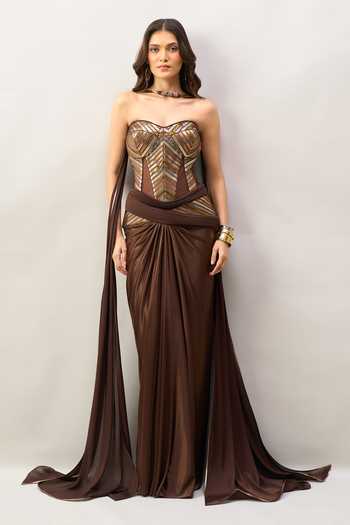 Shop Amit Aggarwal Brown Sequins Sweetheart Neck Yoke Embroidered Saree Gown With Dupatta Shop_Amit Aggarwal_Brown Sequins Sweetheart Neck Yoke Embroidered Saree Gown With Dupatta