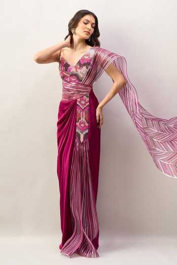 Amit Aggarwal Embroidered Saree Gown With Dupatta