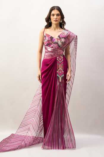 Buy Amit Aggarwal Purple Embroidery, Sequins, Beads V-neck, One Shoulder Saree Gown With Dupatta Online at Aza Fashions Buy_Amit Aggarwal_Purple Embroidery, Sequins, Beads V-neck, One Shoulder Saree Gown With Dupatta _Online_at_Aza_Fashions