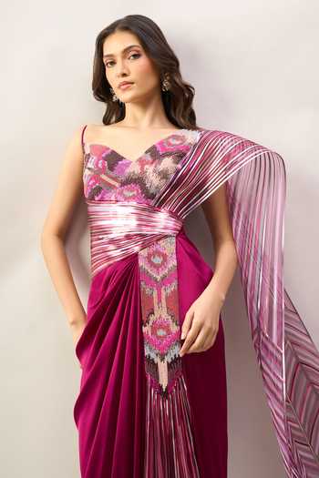 Shop Amit Aggarwal Purple Embroidery, Sequins, Beads V-neck, One Shoulder Saree Gown With Dupatta Online at Aza Fashions Shop_Amit Aggarwal_Purple Embroidery, Sequins, Beads V-neck, One Shoulder Saree Gown With Dupatta _Online_at_Aza_Fashions