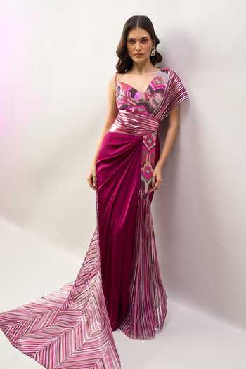 Amit Aggarwal Purple Embroidery, Sequins, Beads V-neck, One Shoulder Saree Gown With Dupatta at Aza Fashions Amit Aggarwal_Purple Embroidery, Sequins, Beads V-neck, One Shoulder Saree Gown With Dupatta _at_Aza_Fashions