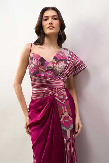 Buy Amit Aggarwal Purple Embroidery, Sequins, Beads V-neck, One Shoulder Saree Gown With Dupatta Buy_Amit Aggarwal_Purple Embroidery, Sequins, Beads V-neck, One Shoulder Saree Gown With Dupatta