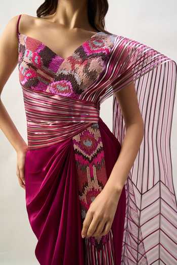 Shop Amit Aggarwal Purple Embroidery, Sequins, Beads V-neck, One Shoulder Saree Gown With Dupatta Shop_Amit Aggarwal_Purple Embroidery, Sequins, Beads V-neck, One Shoulder Saree Gown With Dupatta