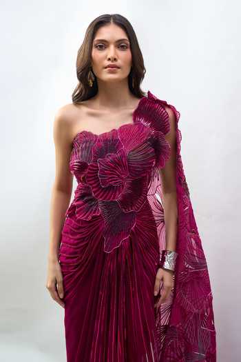 Shop_Amit Aggarwal_Purple Applique One Shoulder Floral Work Saree Gown _Online_at_Aza_Fashions