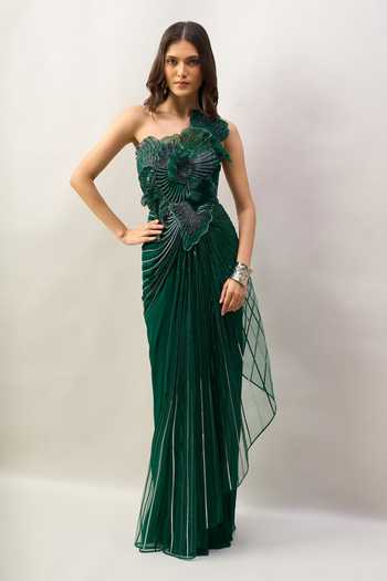 Amit Aggarwal One Shoulder Embroidered Saree Gown
