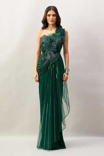 Buy Amit Aggarwal Emerald Green Embroidery One Shoulder Saree Gown Online at Aza Fashions Buy_Amit Aggarwal_Emerald Green Embroidery One Shoulder Saree Gown _Online_at_Aza_Fashions