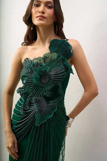Shop Amit Aggarwal Emerald Green Embroidery One Shoulder Saree Gown Online at Aza Fashions Shop_Amit Aggarwal_Emerald Green Embroidery One Shoulder Saree Gown _Online_at_Aza_Fashions