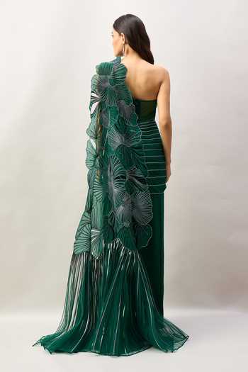 Amit Aggarwal One Shoulder Embroidered Saree Gown