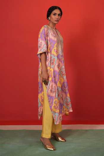 Swati Vijaivargie_Multi Color Satin, Modal, Bemberg, Silk Butterfly Chameli Kaftan And Pant Set _at_Aza_Fashions