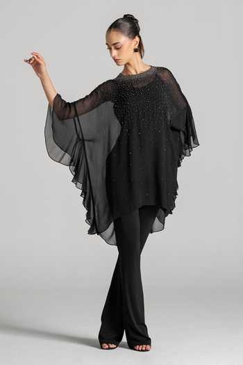 Namrata Joshipura_Black Georgette Round Neck Pearl Embellished Top _Online_at_Aza_Fashions