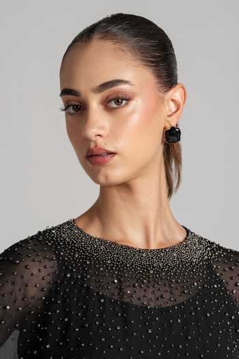 Shop_Namrata Joshipura_Black Georgette Round Neck Pearl Embellished Top _Online_at_Aza_Fashions