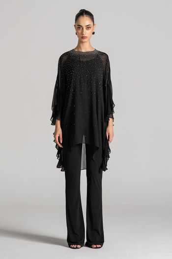 Namrata Joshipura_Black Georgette Round Neck Pearl Embellished Top _at_Aza_Fashions