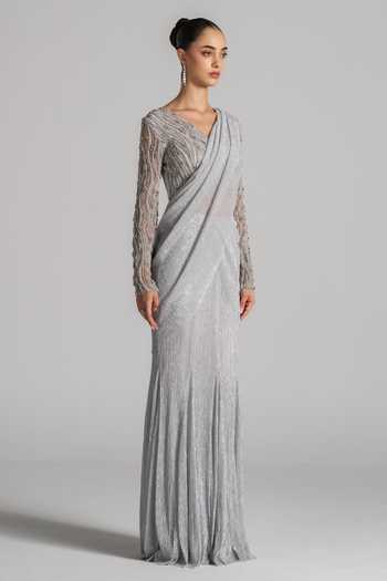 Namrata Joshipura Silver V-neck Shimmer Draped Pleated Saree And Blouse Set Online at Aza Fashions Namrata Joshipura_Silver V-neck Shimmer Draped Pleated Saree And Blouse Set _Online_at_Aza_Fashions
