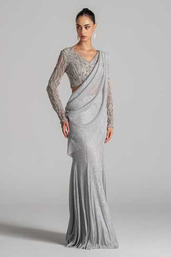 Buy Namrata Joshipura Silver V-neck Shimmer Draped Pleated Saree And Blouse Set Online at Aza Fashions Buy_Namrata Joshipura_Silver V-neck Shimmer Draped Pleated Saree And Blouse Set _Online_at_Aza_Fashions