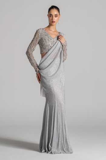 Shop Namrata Joshipura Silver V-neck Shimmer Draped Pleated Saree And Blouse Set Online at Aza Fashions Shop_Namrata Joshipura_Silver V-neck Shimmer Draped Pleated Saree And Blouse Set _Online_at_Aza_Fashions