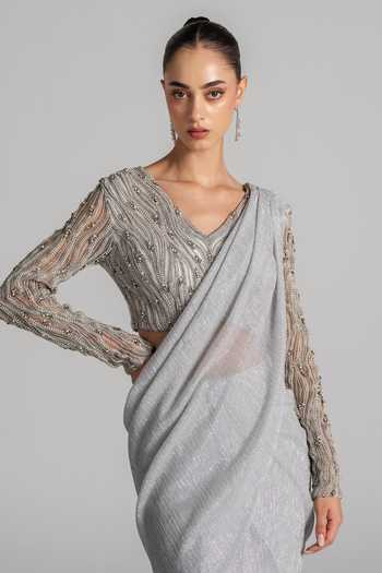 Namrata Joshipura Silver V-neck Shimmer Draped Pleated Saree And Blouse Set at Aza Fashions Namrata Joshipura_Silver V-neck Shimmer Draped Pleated Saree And Blouse Set _at_Aza_Fashions