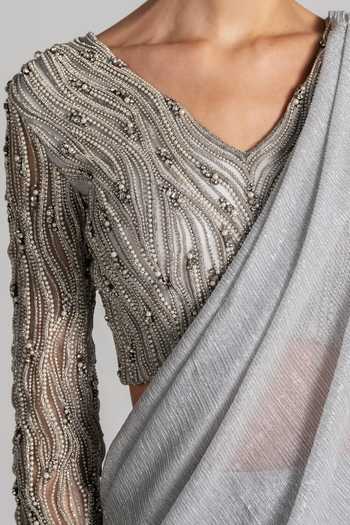 Buy Namrata Joshipura Silver V-neck Shimmer Draped Pleated Saree And Blouse Set Buy_Namrata Joshipura_Silver V-neck Shimmer Draped Pleated Saree And Blouse Set
