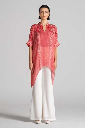 Buy_Namrata Joshipura_Red Georgette Split V-neck Paisley Print Asymmetric Tunic _Online_at_Aza_Fashions