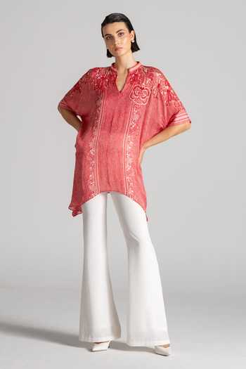 Namrata Joshipura_Red Georgette Split V-neck Paisley Print Asymmetric Tunic _at_Aza_Fashions