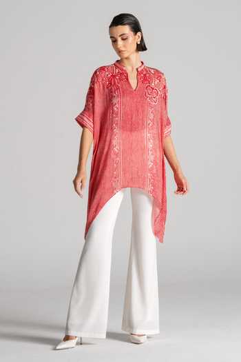 Buy_Namrata Joshipura_Red Georgette Split V-neck Paisley Print Asymmetric Tunic 