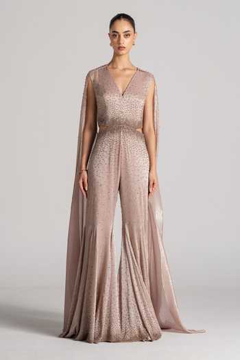 Namrata Joshipura Gold Chiffon V-neck Cape-sleeve Embellished Jumpsuit Online at Aza Fashions Namrata Joshipura_Gold Chiffon V-neck Cape-sleeve Embellished Jumpsuit _Online_at_Aza_Fashions