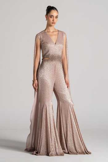 Buy Namrata Joshipura Gold Chiffon V-neck Cape-sleeve Embellished Jumpsuit Online at Aza Fashions Buy_Namrata Joshipura_Gold Chiffon V-neck Cape-sleeve Embellished Jumpsuit _Online_at_Aza_Fashions