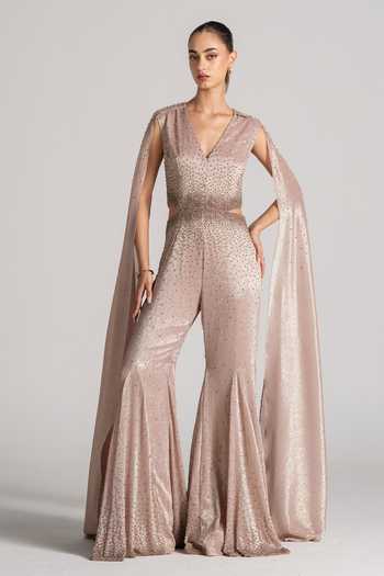Shop Namrata Joshipura Gold Chiffon V-neck Cape-sleeve Embellished Jumpsuit Online at Aza Fashions Shop_Namrata Joshipura_Gold Chiffon V-neck Cape-sleeve Embellished Jumpsuit _Online_at_Aza_Fashions