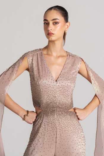 Namrata Joshipura Gold Chiffon V-neck Cape-sleeve Embellished Jumpsuit at Aza Fashions Namrata Joshipura_Gold Chiffon V-neck Cape-sleeve Embellished Jumpsuit _at_Aza_Fashions