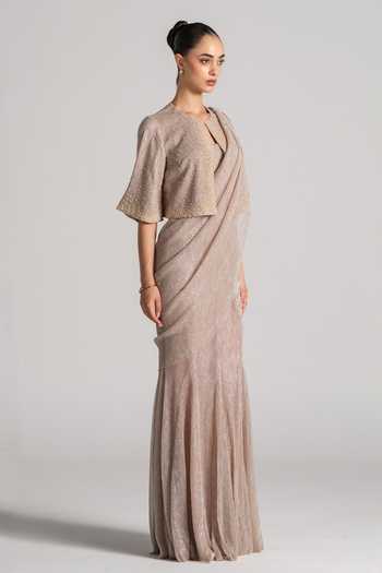 Namrata Joshipura Grey Keyhole Neck Shimmer Pleated Pre-draped Saree Set Online at Aza Fashions Namrata Joshipura_Grey Keyhole Neck Shimmer Pleated Pre-draped Saree Set _Online_at_Aza_Fashions