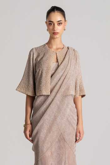 Buy Namrata Joshipura Grey Keyhole Neck Shimmer Pleated Pre-draped Saree Set Online at Aza Fashions Buy_Namrata Joshipura_Grey Keyhole Neck Shimmer Pleated Pre-draped Saree Set _Online_at_Aza_Fashions