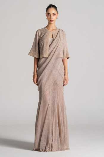 Shop Namrata Joshipura Grey Keyhole Neck Shimmer Pleated Pre-draped Saree Set Online at Aza Fashions Shop_Namrata Joshipura_Grey Keyhole Neck Shimmer Pleated Pre-draped Saree Set _Online_at_Aza_Fashions