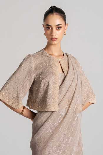 Namrata Joshipura Grey Keyhole Neck Shimmer Pleated Pre-draped Saree Set at Aza Fashions Namrata Joshipura_Grey Keyhole Neck Shimmer Pleated Pre-draped Saree Set _at_Aza_Fashions