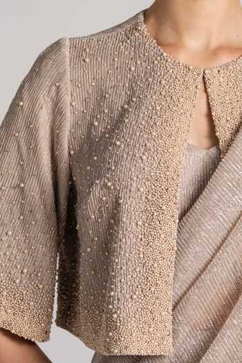 Buy Namrata Joshipura Grey Keyhole Neck Shimmer Pleated Pre-draped Saree Set Buy_Namrata Joshipura_Grey Keyhole Neck Shimmer Pleated Pre-draped Saree Set