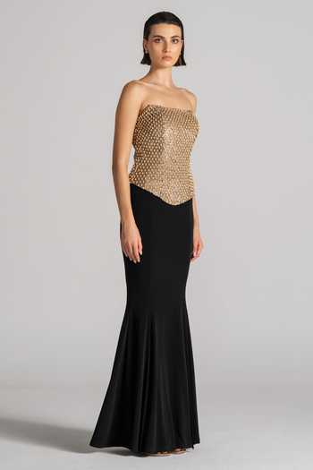 Buy Namrata Joshipura Gold Satin Bandeau Neck Pearl Drop Top And Skirt Set Online at Aza Fashions Buy_Namrata Joshipura_Gold Satin Bandeau Neck Pearl Drop Top And Skirt Set _Online_at_Aza_Fashions