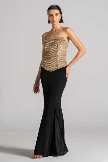 Shop Namrata Joshipura Gold Satin Bandeau Neck Pearl Drop Top And Skirt Set Online at Aza Fashions Shop_Namrata Joshipura_Gold Satin Bandeau Neck Pearl Drop Top And Skirt Set _Online_at_Aza_Fashions