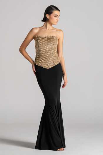 Namrata Joshipura Gold Satin Bandeau Neck Pearl Drop Top And Skirt Set at Aza Fashions Namrata Joshipura_Gold Satin Bandeau Neck Pearl Drop Top And Skirt Set _at_Aza_Fashions