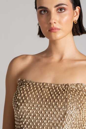 Buy Namrata Joshipura Gold Satin Bandeau Neck Pearl Drop Top And Skirt Set Buy_Namrata Joshipura_Gold Satin Bandeau Neck Pearl Drop Top And Skirt Set