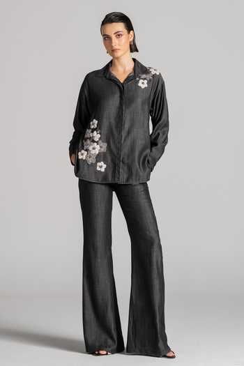 Namrata Joshipura_Black Denim Collared Neck Floral Applique Work Top _Online_at_Aza_Fashions