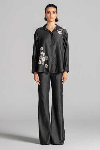 Buy_Namrata Joshipura_Black Denim Collared Neck Floral Applique Work Top _Online_at_Aza_Fashions